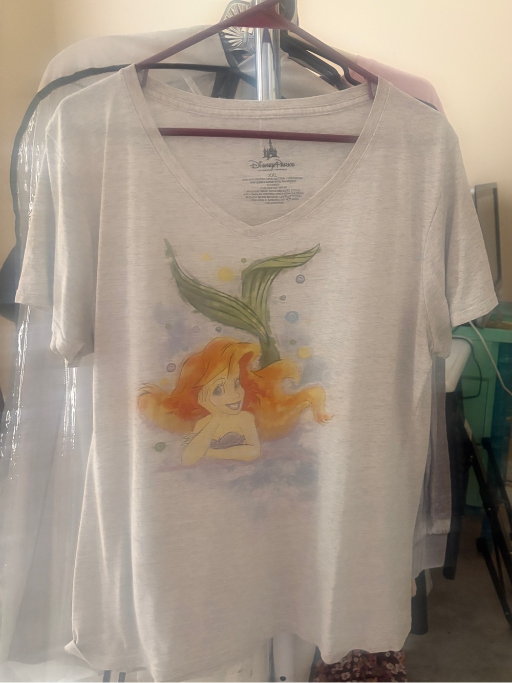 Disney Women's Ariel V-Neck Tee in Cream with Orange Hair and Green Tail
